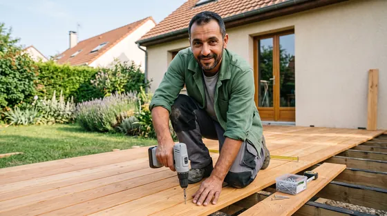 Artisan qui visse une terrasse en bois dans le jardin d’un pavillon