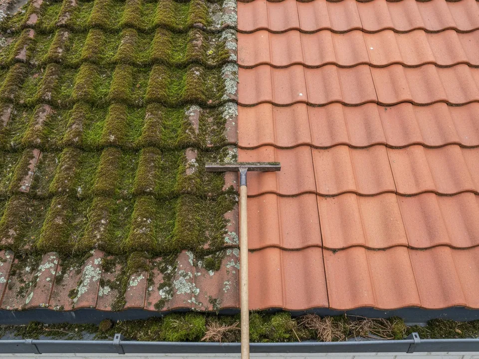 Toit à moitié démoussé : mousse épaisse d’un côté, tuiles propres de l’autre