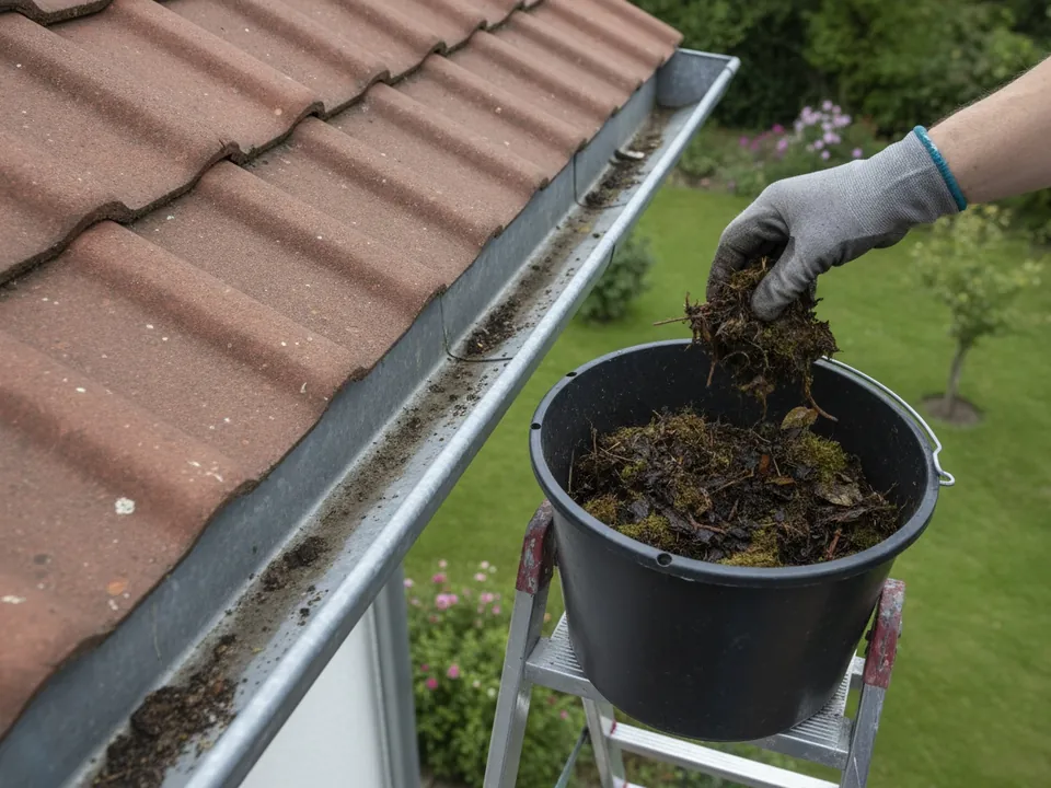 Gouttière en zinc curée, feuilles et mousse retirées dans un seau