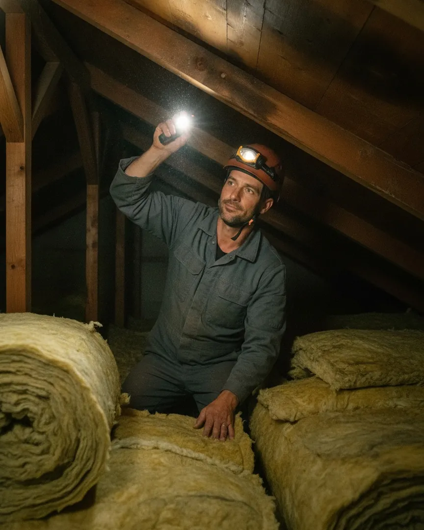 Rémi dans les combles, lampe frontale, qui cherche d’où vient une fuite