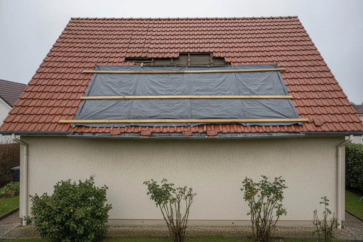 Avant : pavillon de Champigny, rangée de tuiles arrachée par le vent, bâche en place