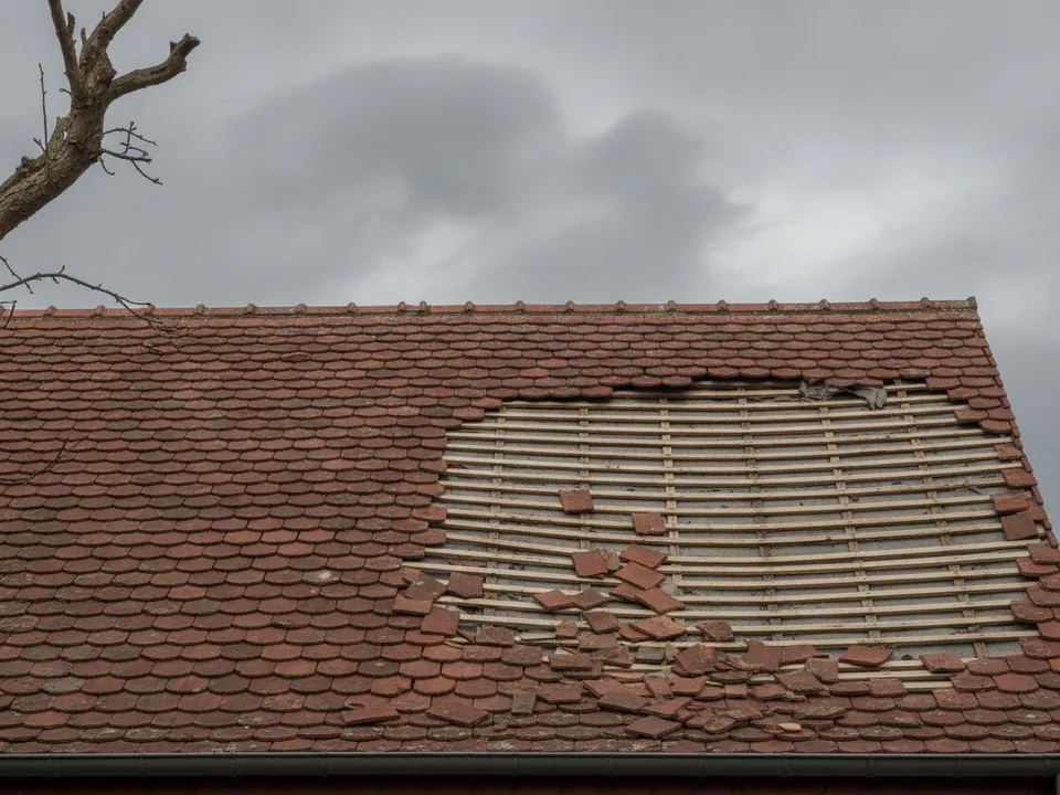 Toit de pavillon après un coup de vent : tuiles arrachées, liteaux visibles