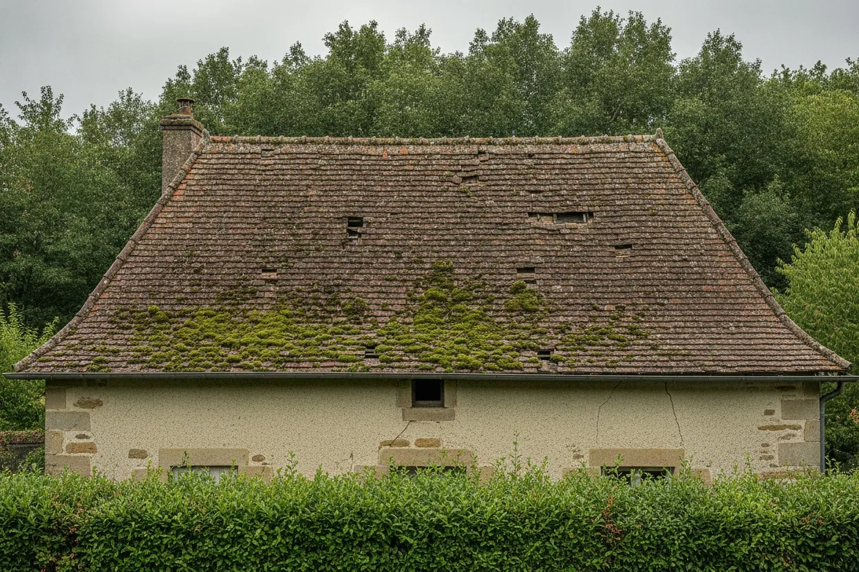 Avant : maison ancienne d’Avon, toit de tuiles plates usé, tuiles manquantes et mousse