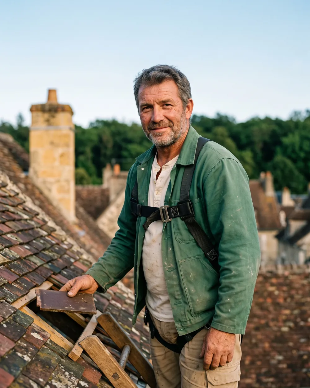 Mathieu, couvreur, pose une tuile plate de pays sur un toit ancien à Fontainebleau