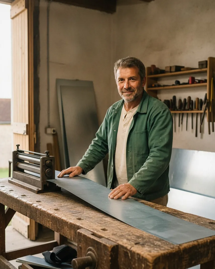 Mathieu à l’atelier, qui façonne une noue en zinc