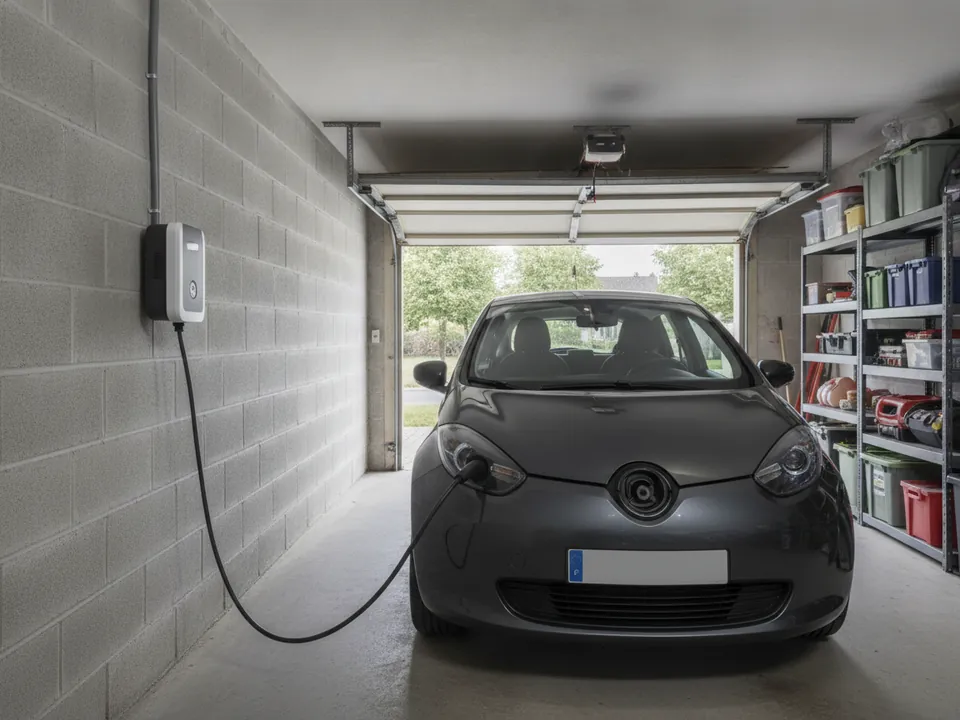 Borne de recharge murale dans le garage d’un pavillon, voiture branchée