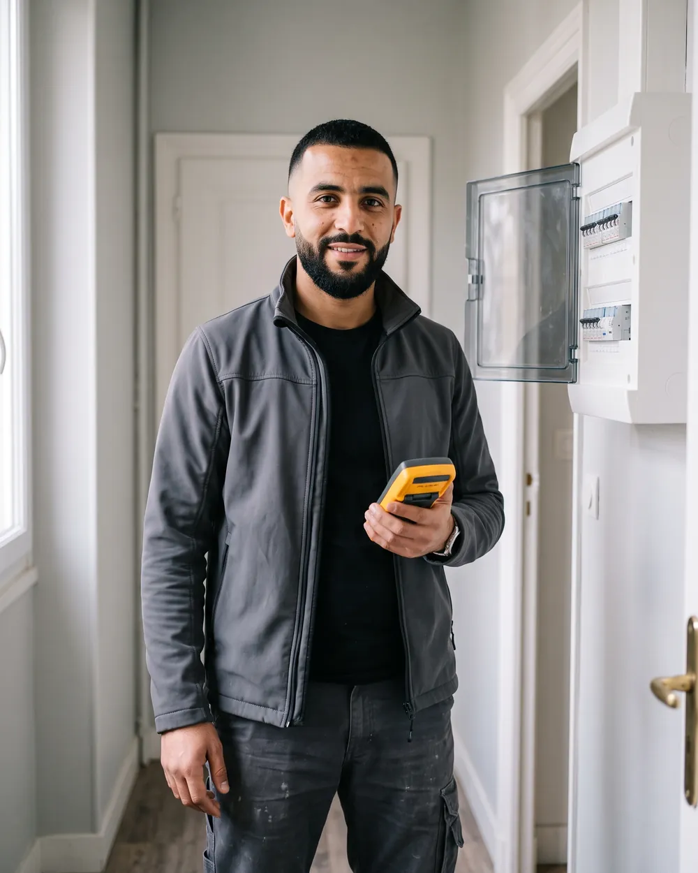 Karim, de face, devant un tableau électrique ouvert, testeur à la main