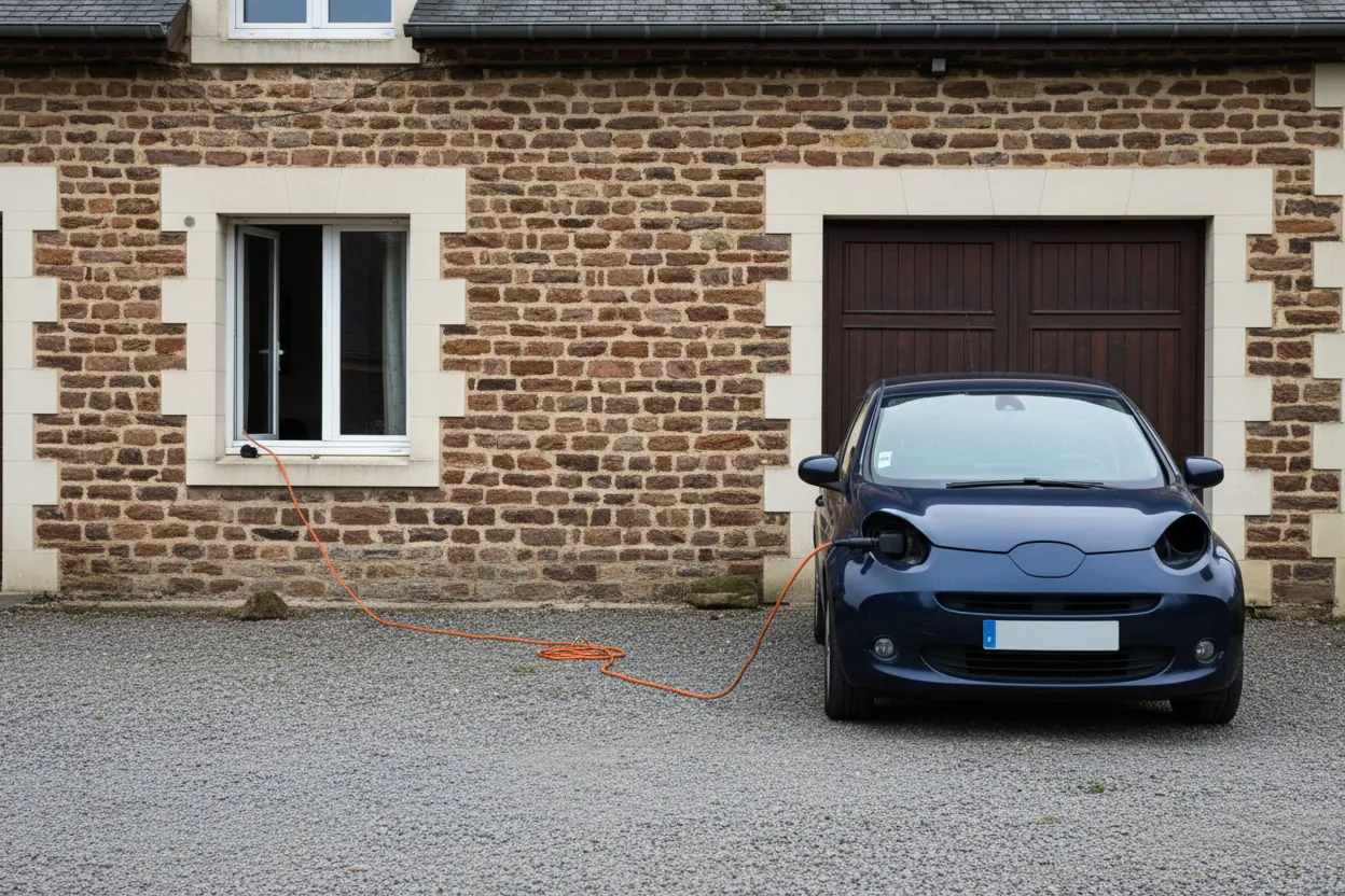 Avant : la voiture chargée par une rallonge passée par la fenêtre