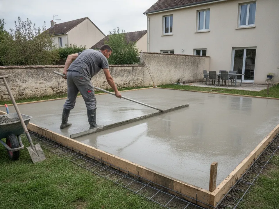 Dalle de béton fraîchement tirée à la règle, ferraillage visible en bordure