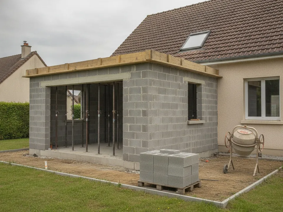 Extension en parpaing montée jusqu’à la dalle haute, étais en place