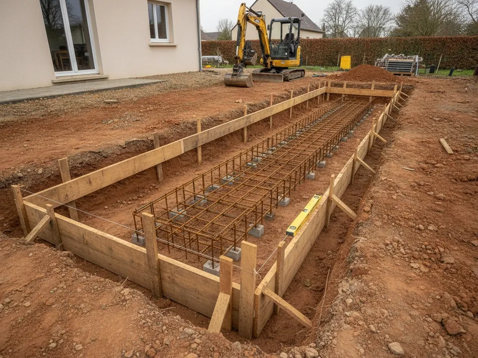 Tranchée de fondation coffrée, ferraillage en place avant le coulage