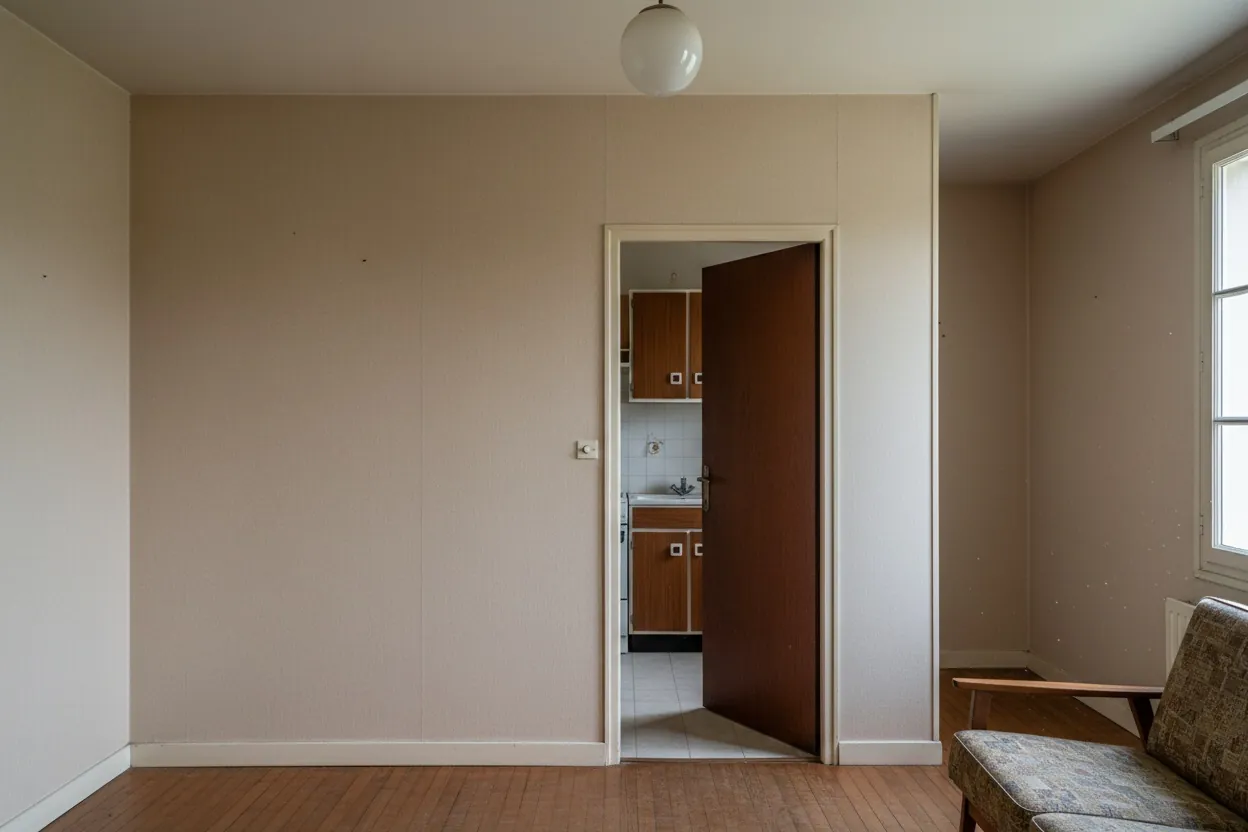 Avant : mur plein entre la cuisine et le séjour, porte étroite