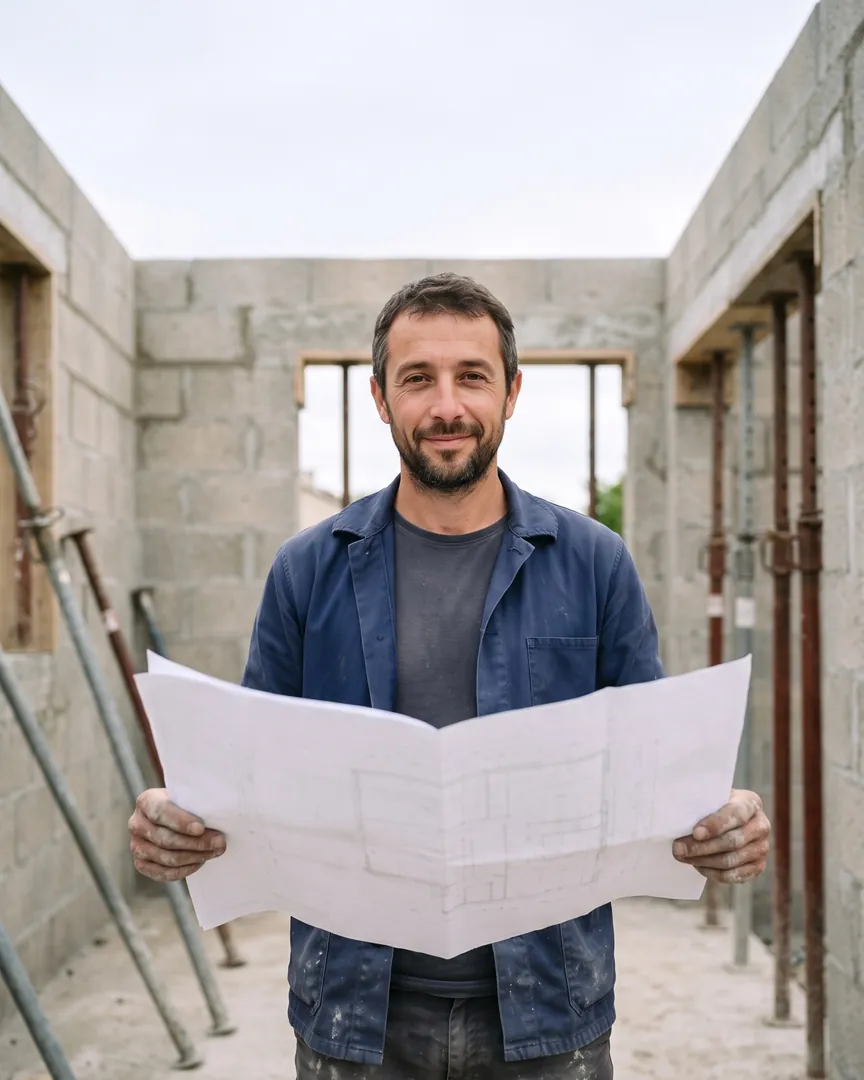 Yanis sur un chantier d’extension, plan à la main