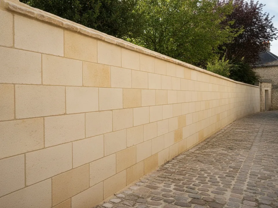 Mur de clôture neuf en pierre avec son chaperon, le long d’une rue pavée