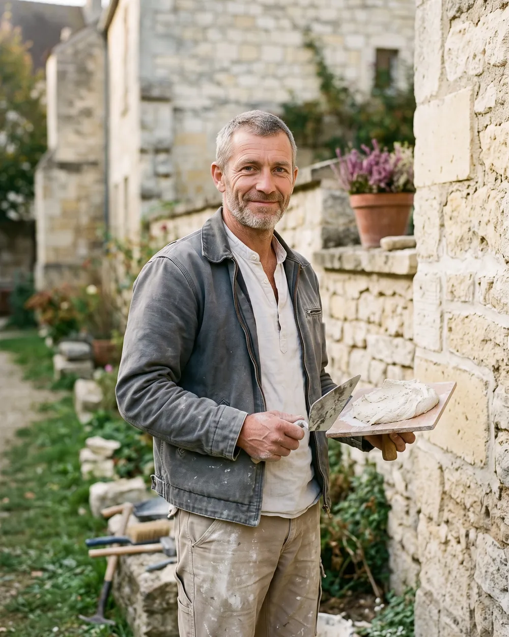 Antoine rejointoyant à la chaux un vieux mur de pierre calcaire, à Pontoise