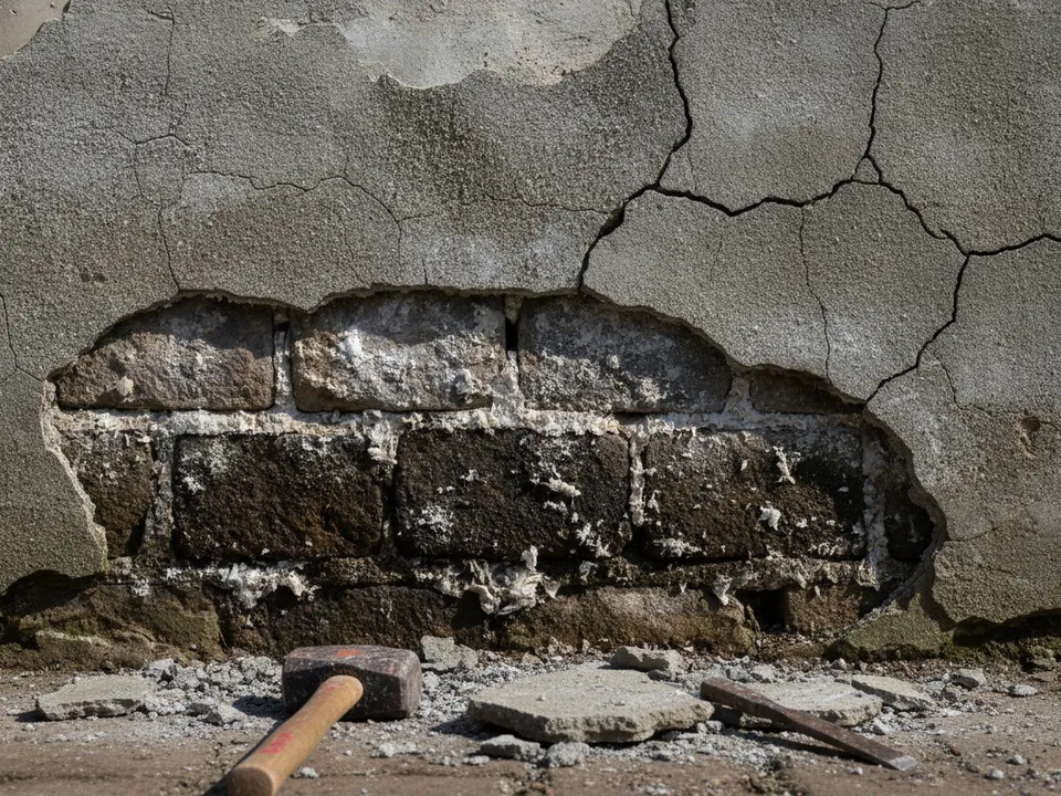 Bas de mur en pierre taché de salpêtre, ancien enduit ciment en partie retiré
