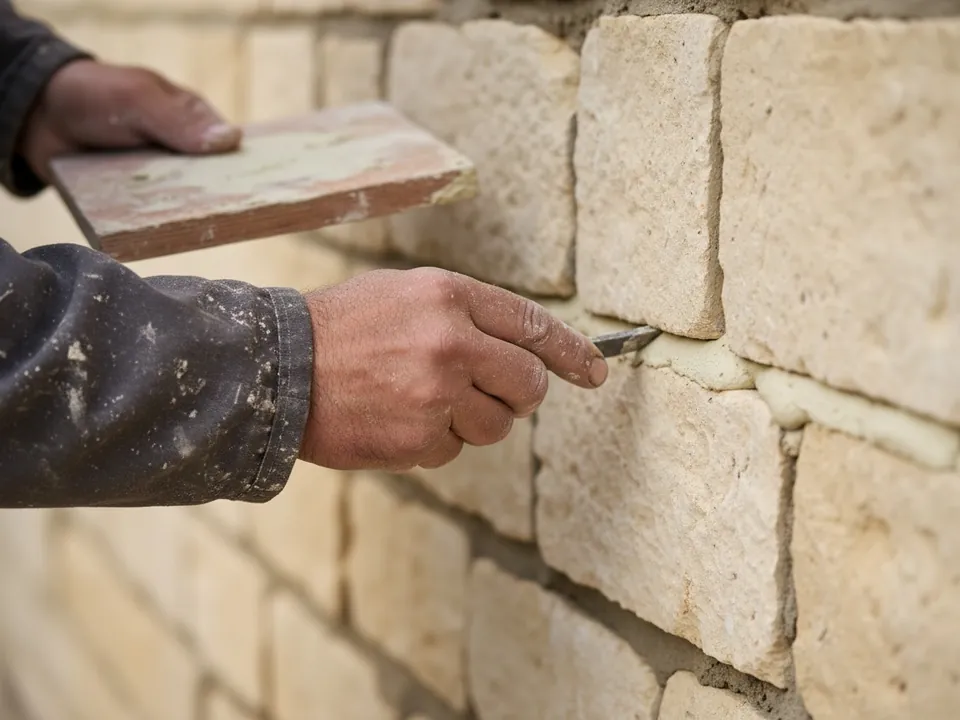 Joints de mortier de chaux refaits au fer sur un mur de pierre calcaire