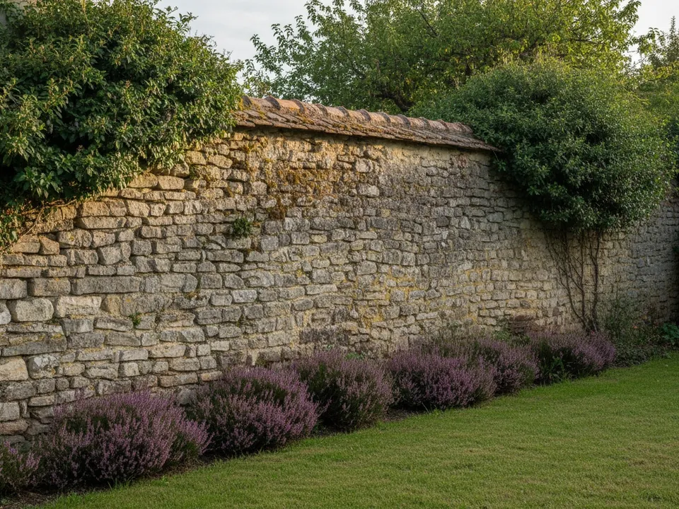 Vieux mur mitoyen en pierre entre deux jardins, lierre au sommet