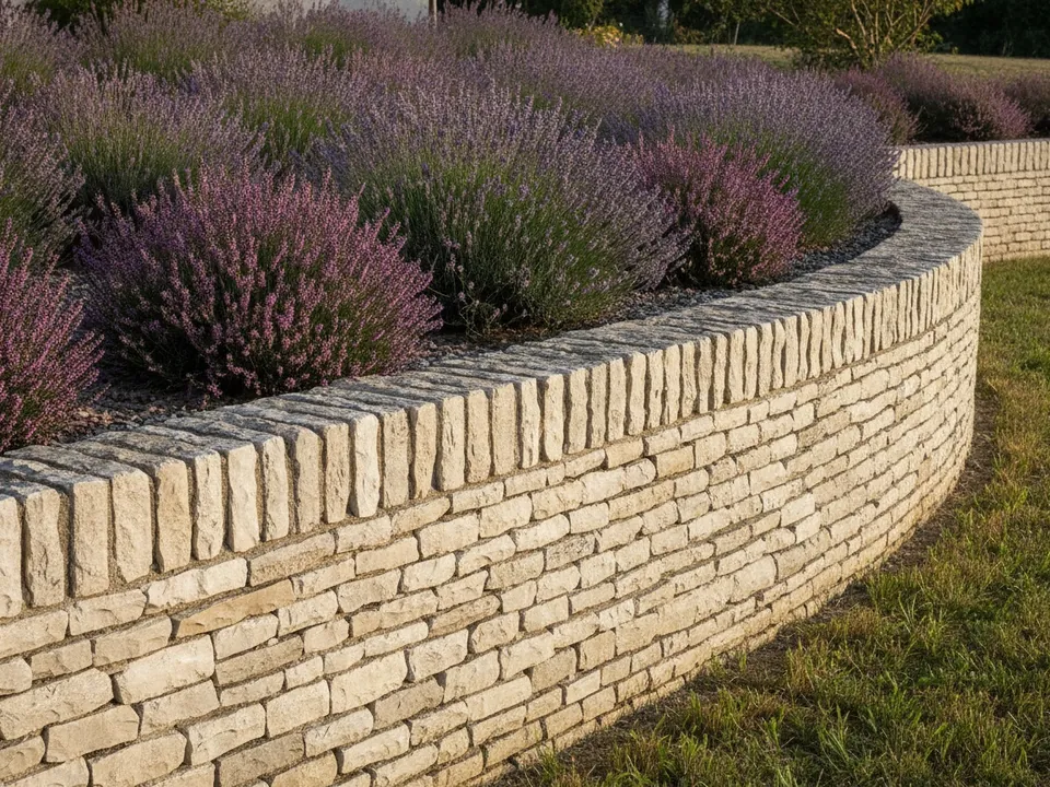 Muret de pierre sèche bordant un jardin en pente