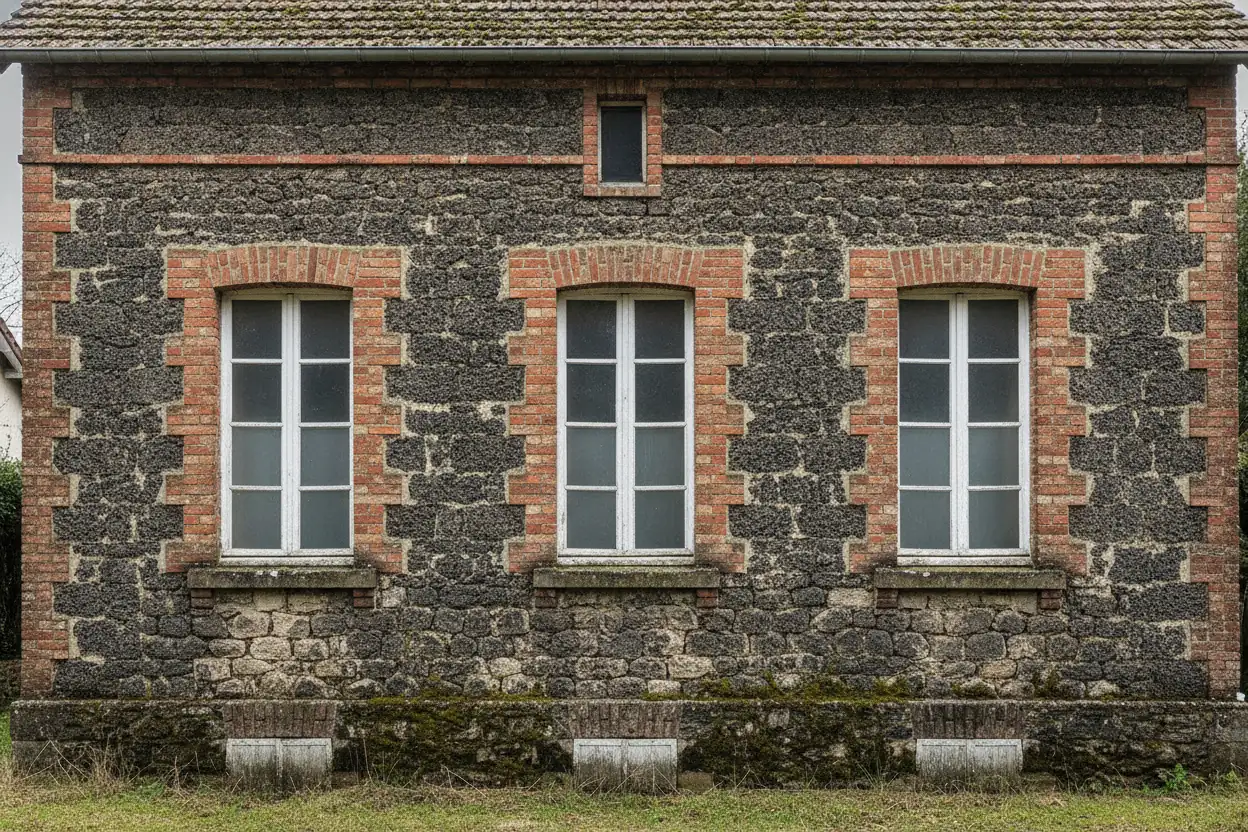 Avant : maison en meulière noircie, joints creusés