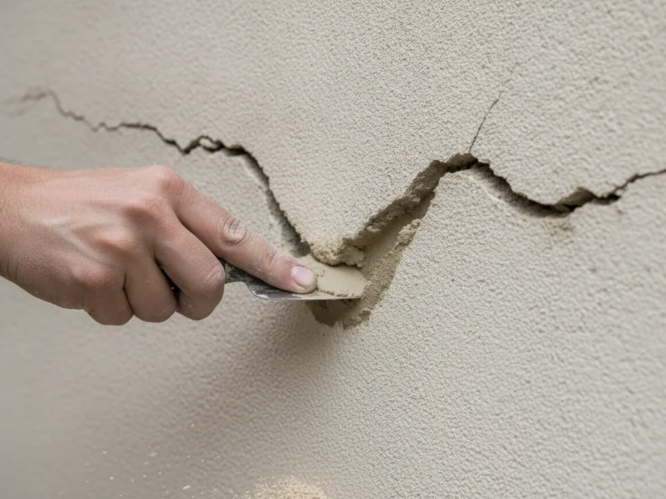 Fissure de façade ouverte, puis rebouchée au mortier