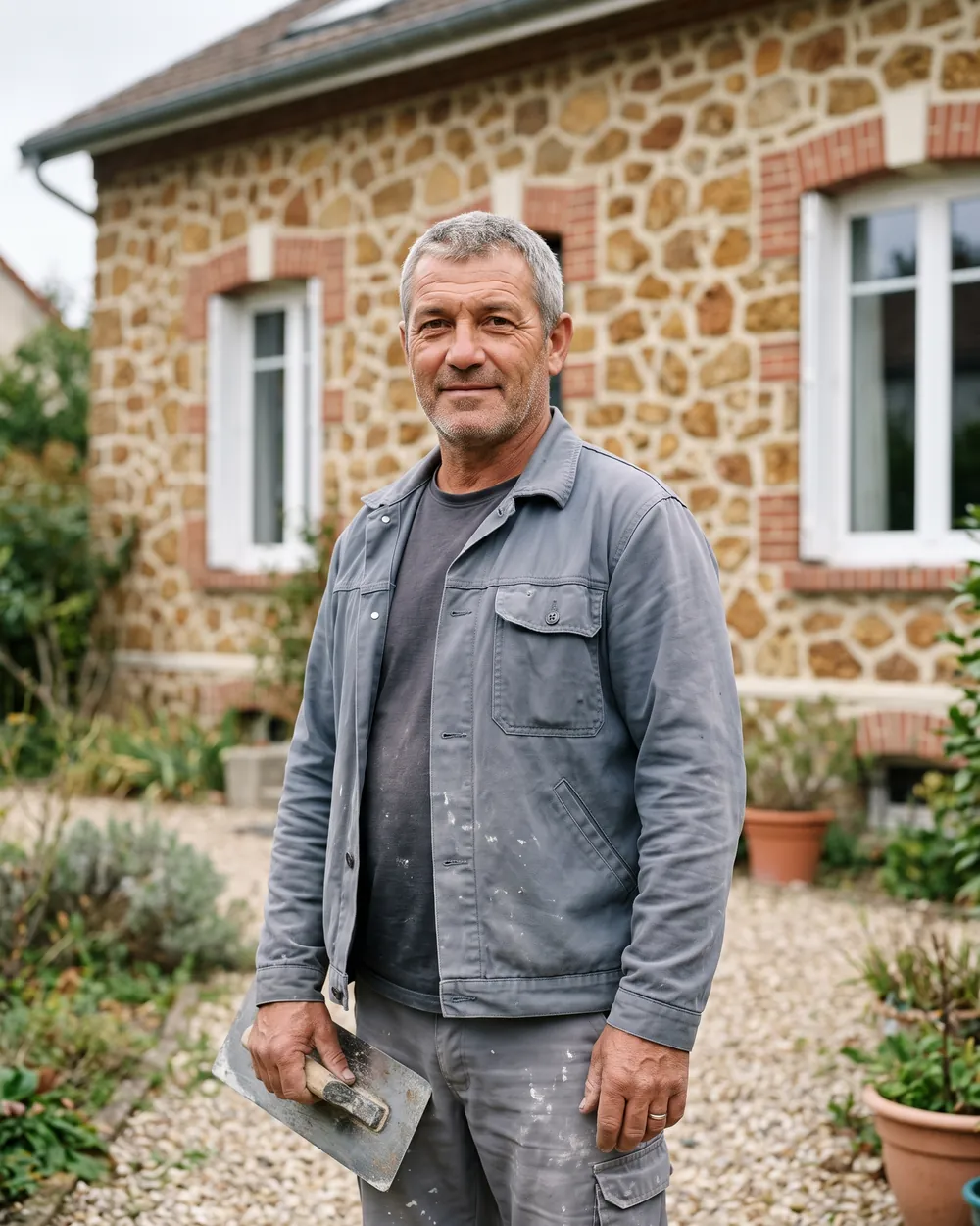 Laurent devant une maison en meulière fraîchement ravalée