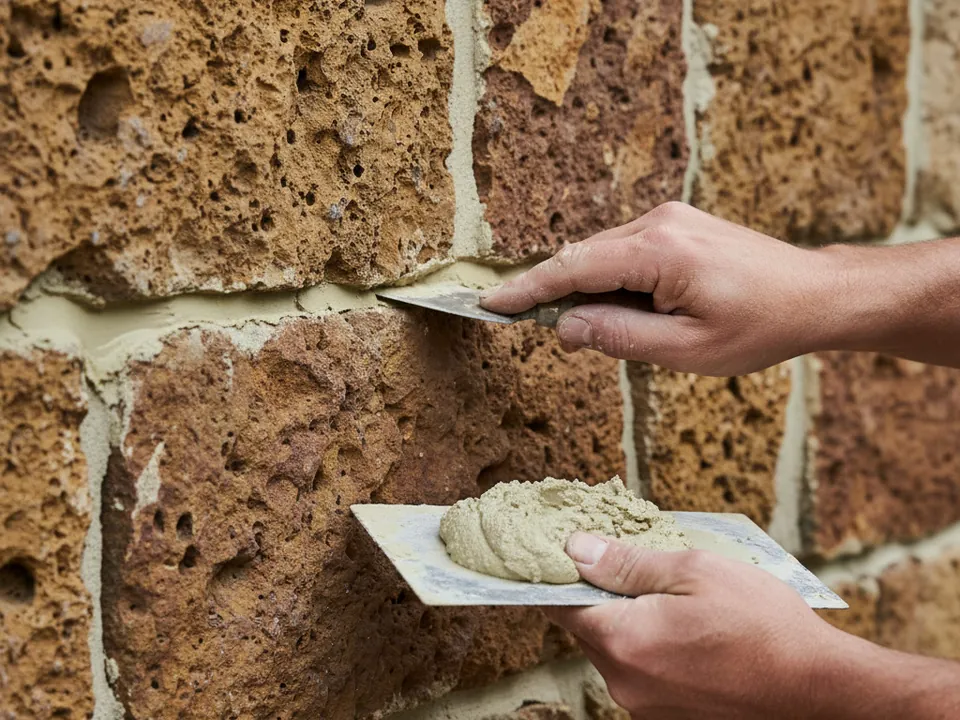 Joints à la chaux refaits sur un mur en pierre meulière