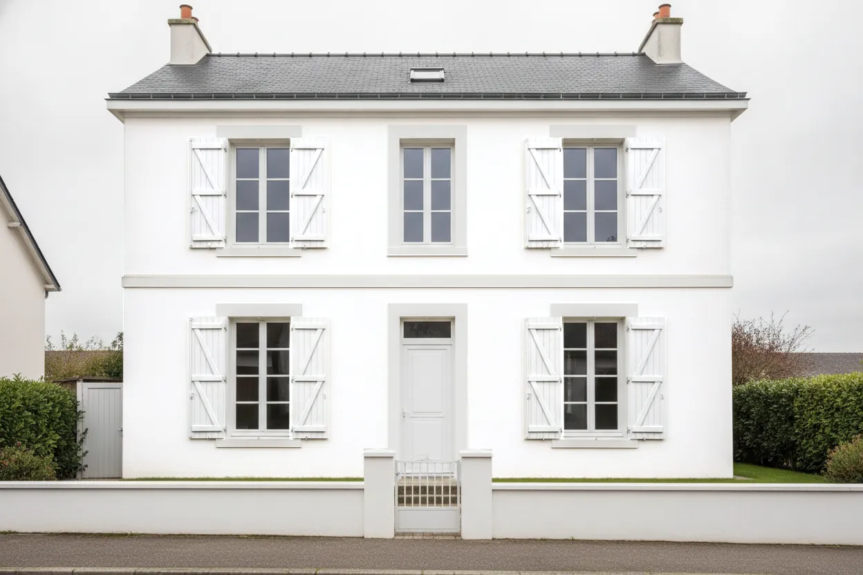Pavillon à façade claire et volets gris clair, vu de la rue