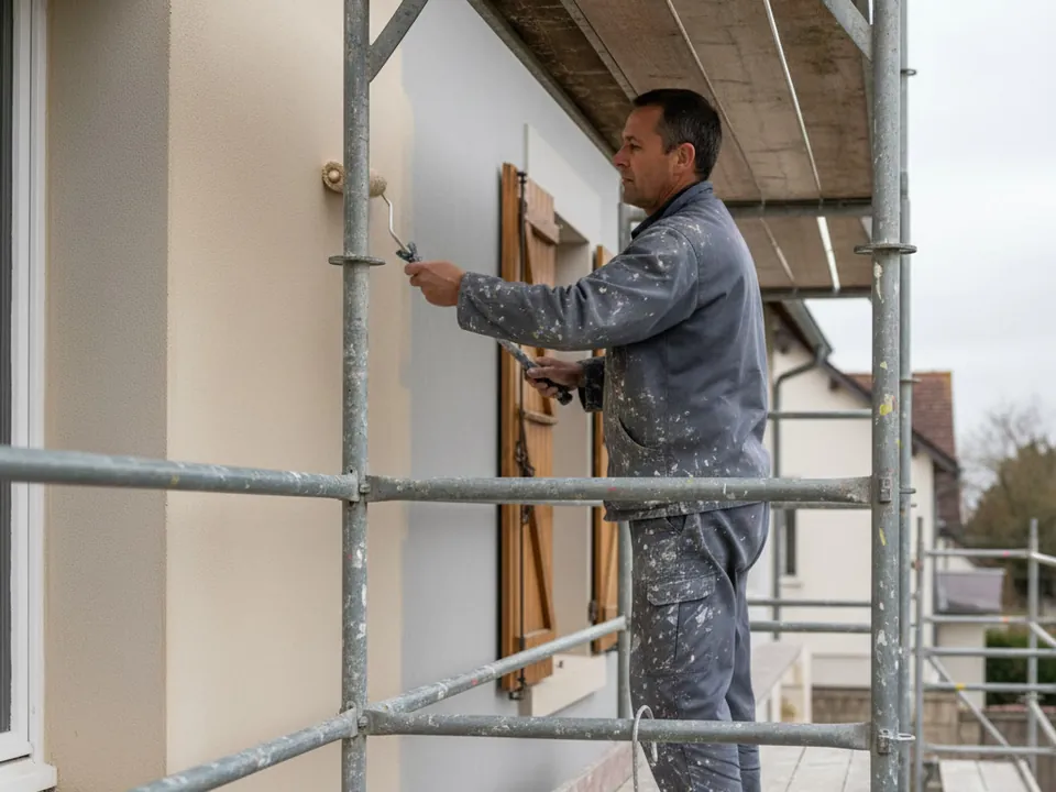 Peinture de façade au rouleau, depuis un échafaudage