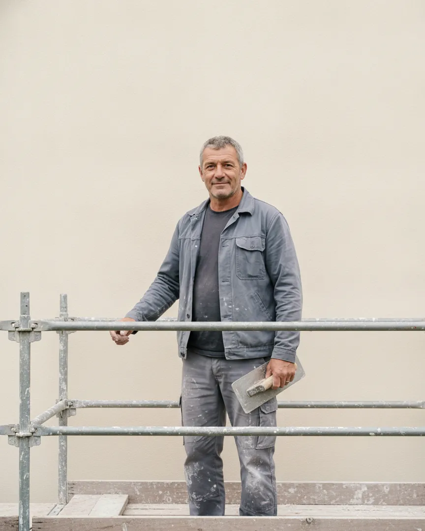 Laurent sur l’échafaudage, taloche à la main, devant une façade enduite