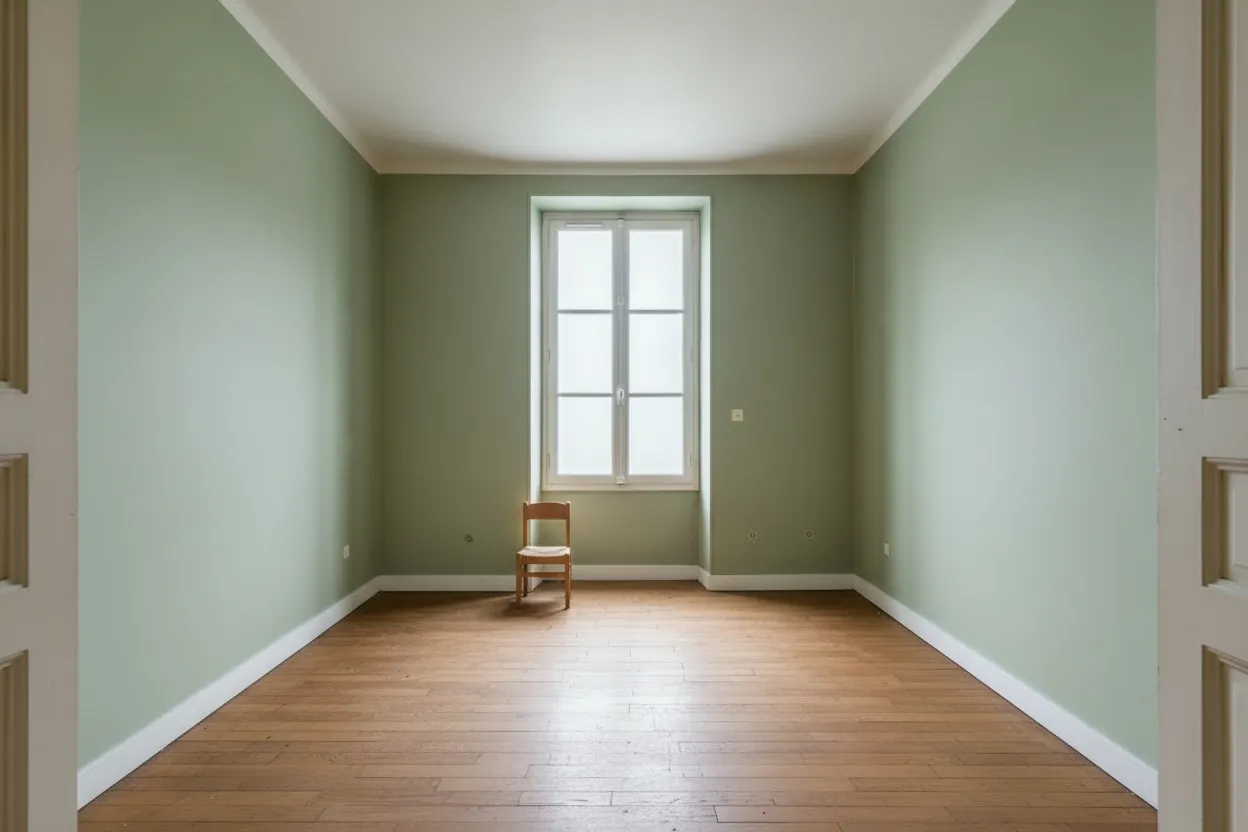 Après : la même chambre repeinte en vert sauge, plafond blanc