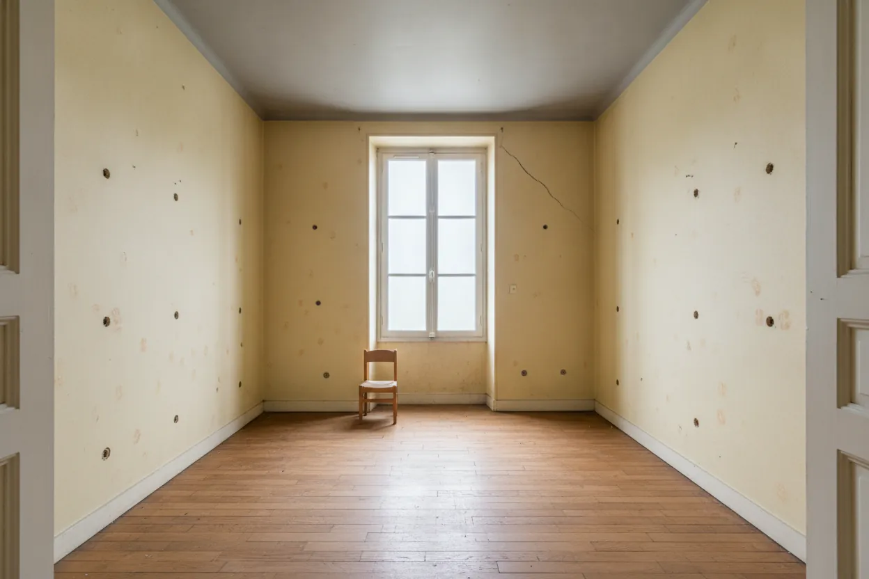Avant : chambre aux murs jaunis, fissure au-dessus de la fenêtre