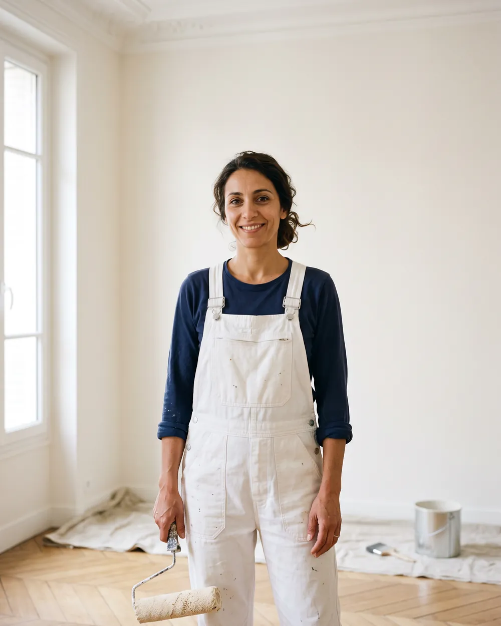Nadia, rouleau en main, dans un séjour lumineux fraîchement repeint