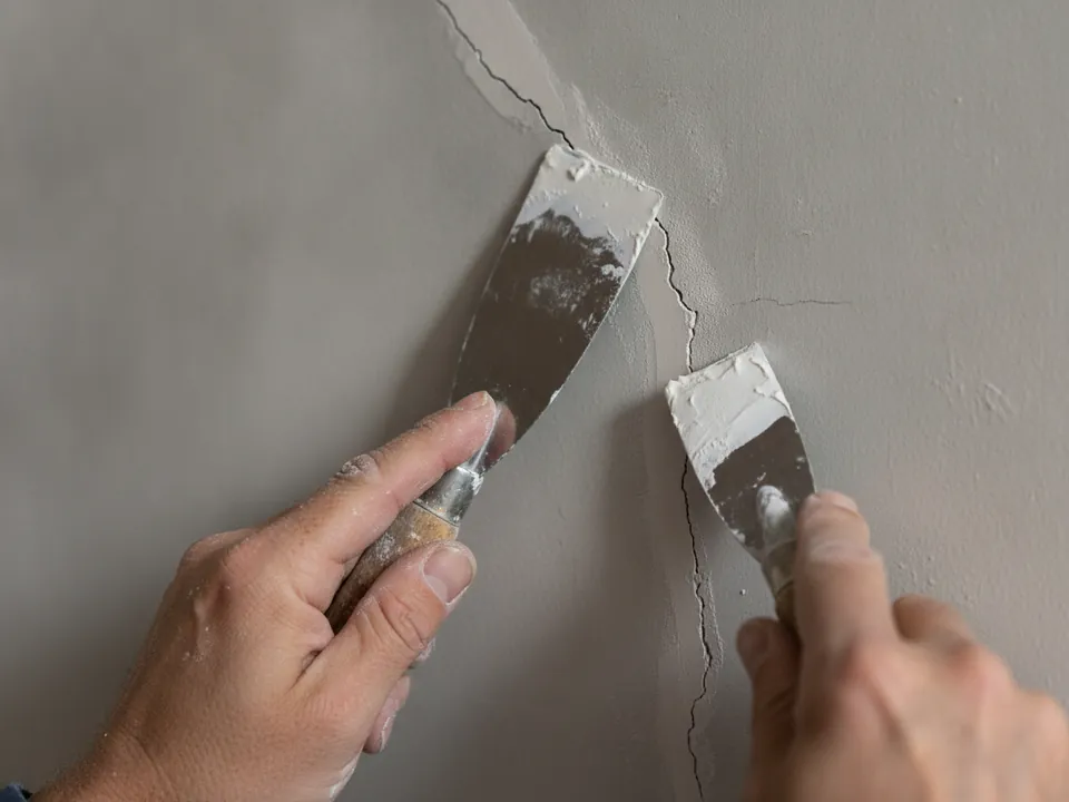 Fissure rebouchée à l’enduit, couteau de peintre en main