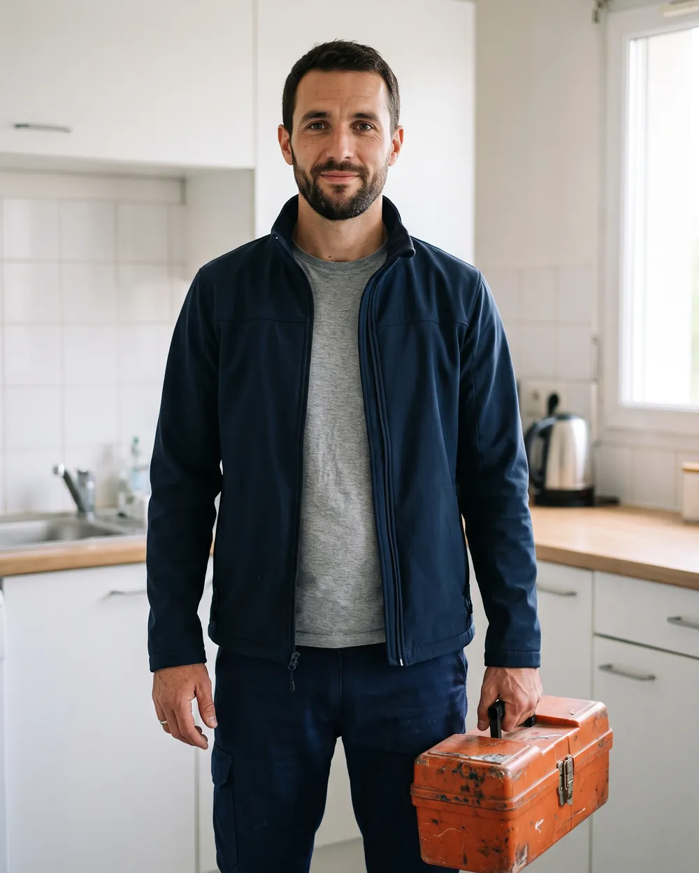 Thomas, de face, dans une cuisine, caisse à outils à la main