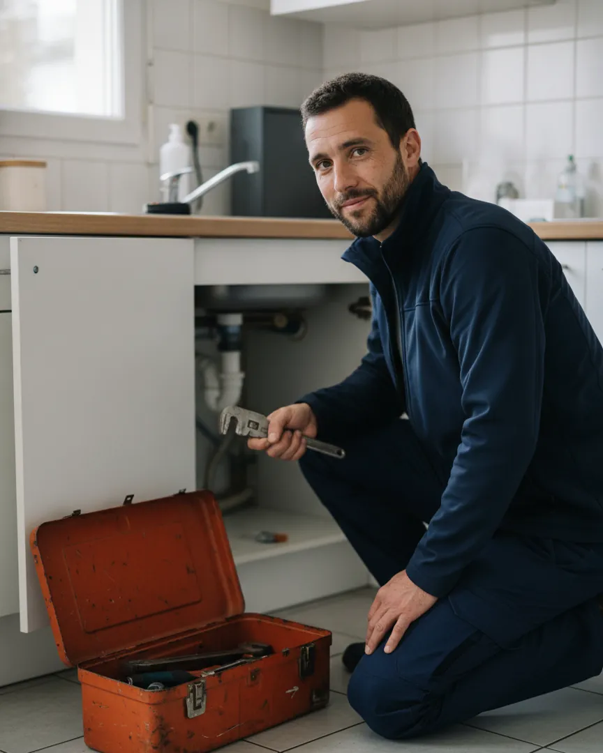 Thomas au travail, à genoux devant un évier, qui regarde l’objectif