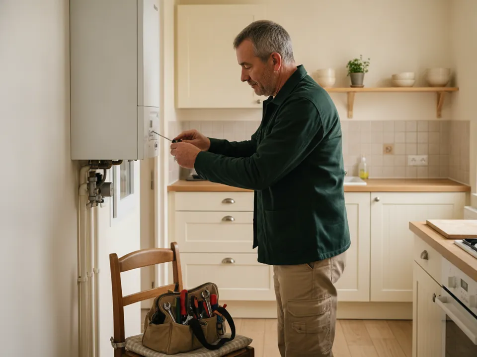 Éric qui répare une chaudière, trousse à outils ouverte